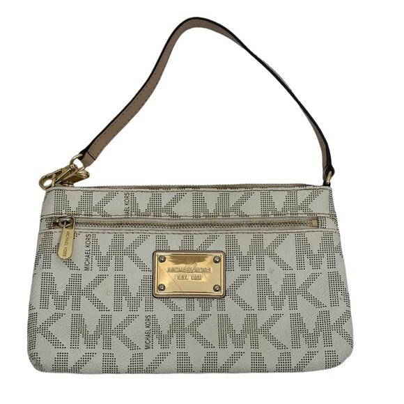 Michael Kors Handbags - Michael Kors Jet Set Travel Tan White Double Zipper Leather Wristlet Wallet